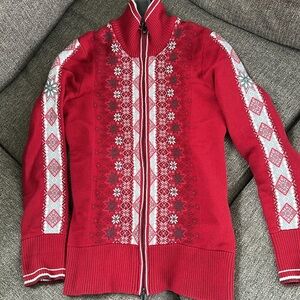 Eddie Bauer Red Nordic Fair Isle Full Zip Wool Blend Sweater Jacket Sz Small❤️